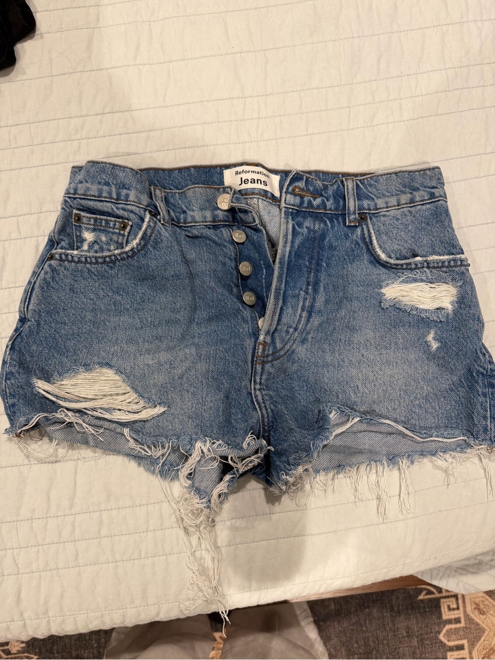 Reformation High-Rise Distressed Denim Shorts - Blue